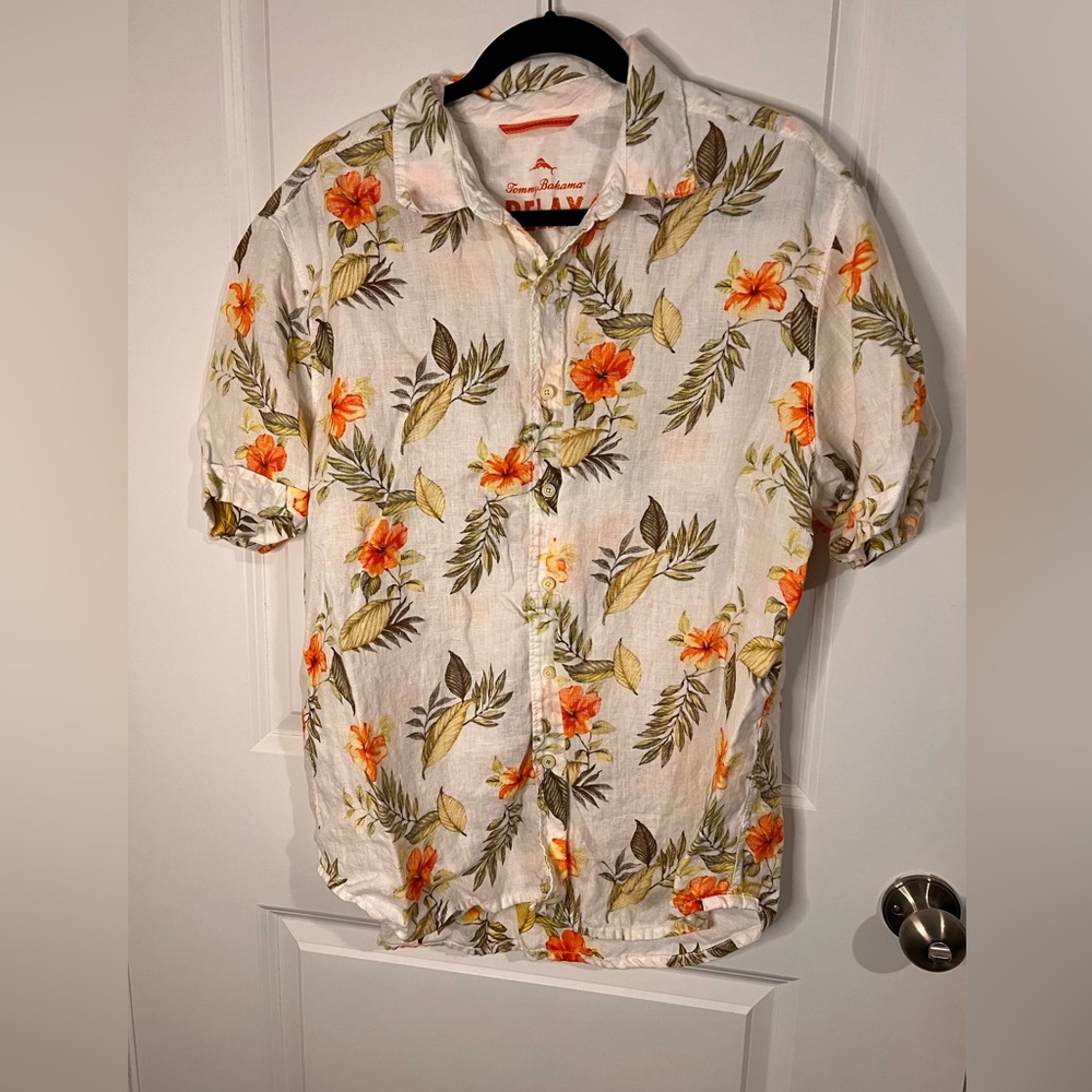 Tommy Bahama Linen Shirt Men’s Large Floral Button Up Short Sleeve Polo